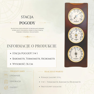 Elegancka Stacja Pogody – Barometr Termometr Higrometr 36cm Retro - YG336