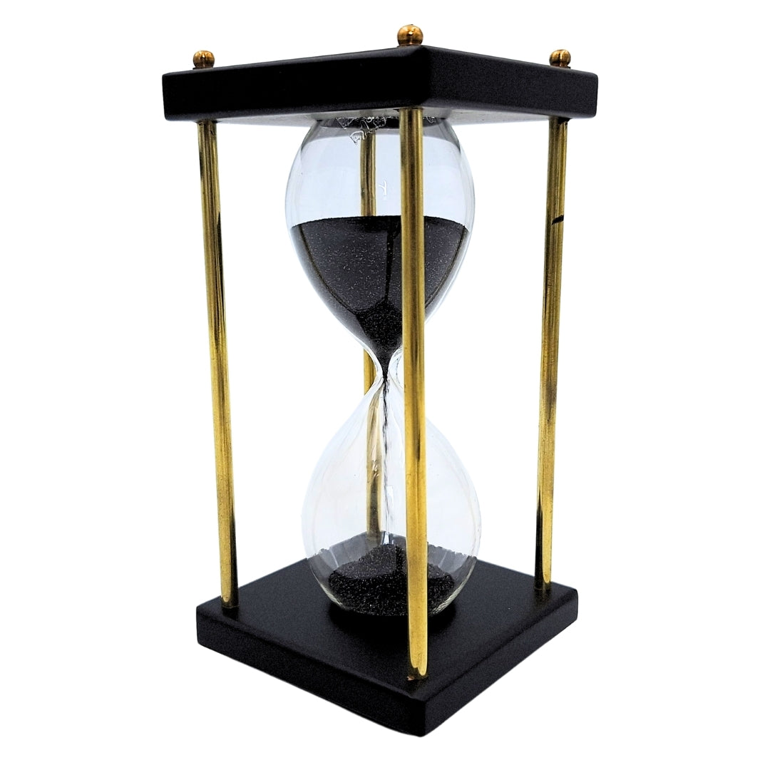 Klepsydra Mosiężno-Drewniana 5 minut – Czarny Piasek – Elegancka Dekoracja Retro - STRS