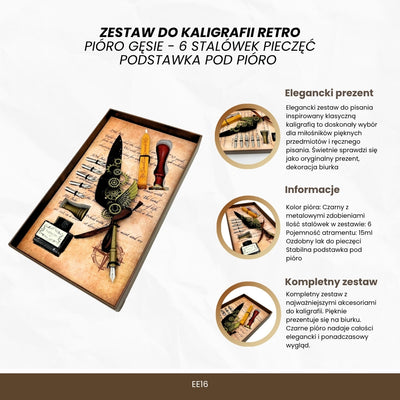 Zestaw do Kaligrafii Premium Pióro Gęsie - 6 stalówek Pieczęć Podstawka pod Pióro - EE16