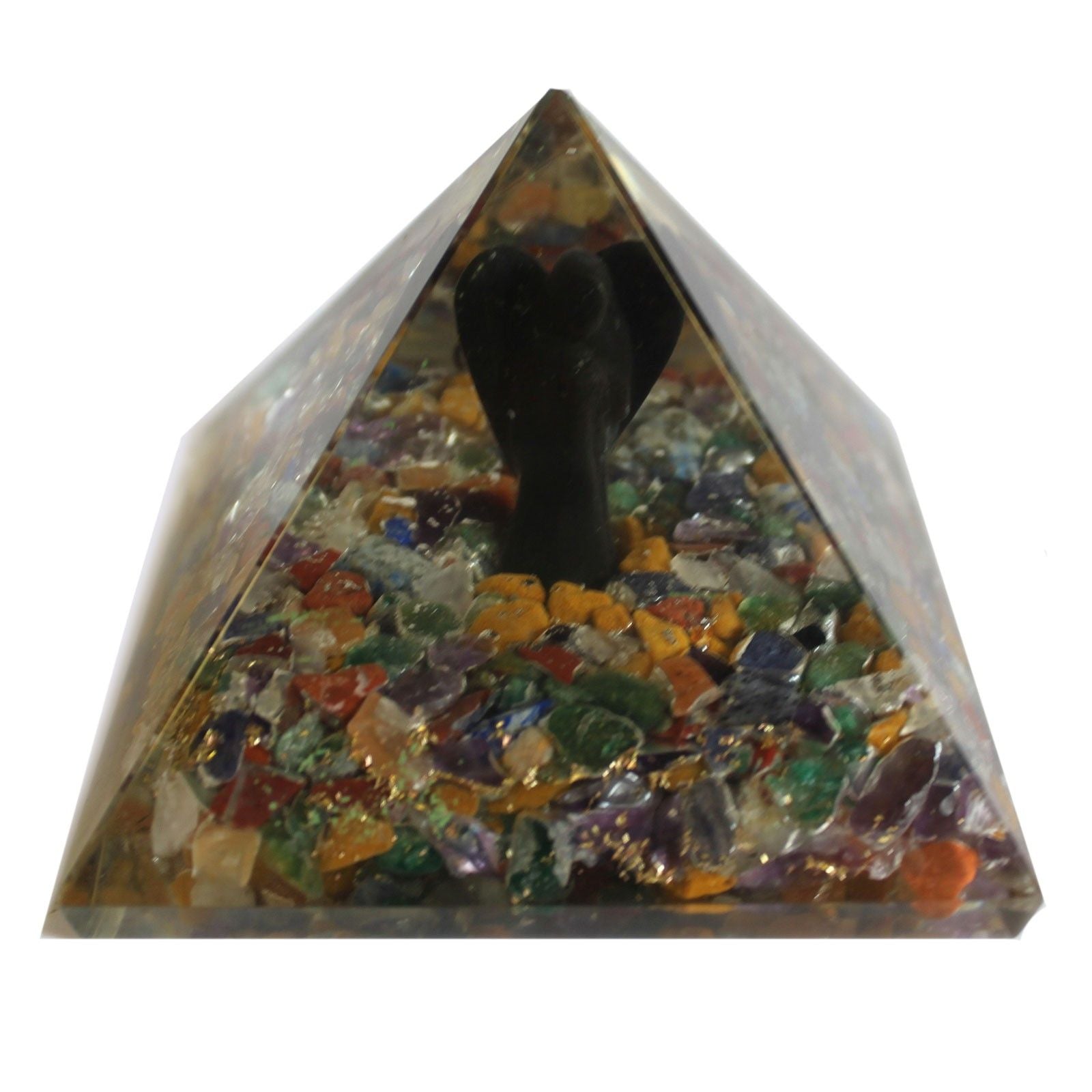 Taianomainen orgoniittipyramidi 70 mm - enkeli esoteerisilla esineillä, vihertävä sisus ja käsin viimeistelty