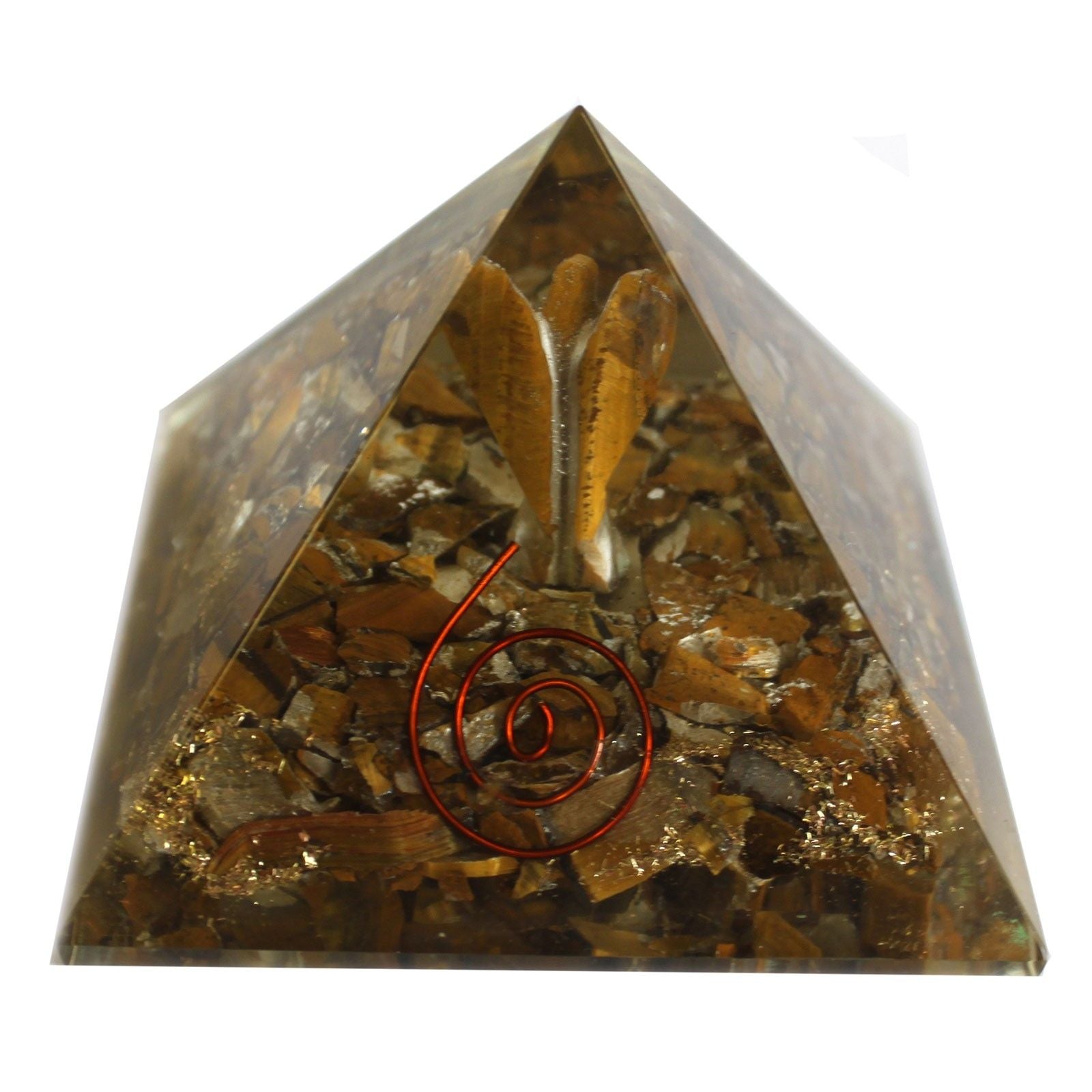 Taianomainen orgoniittipyramidi 70 mm - enkeli esoteerisilla esineillä, vihertävä sisus ja käsin viimeistelty