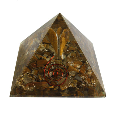 Taianomainen orgoniittipyramidi 70 mm - enkeli esoteerisilla esineillä, vihertävä sisus ja käsin viimeistelty