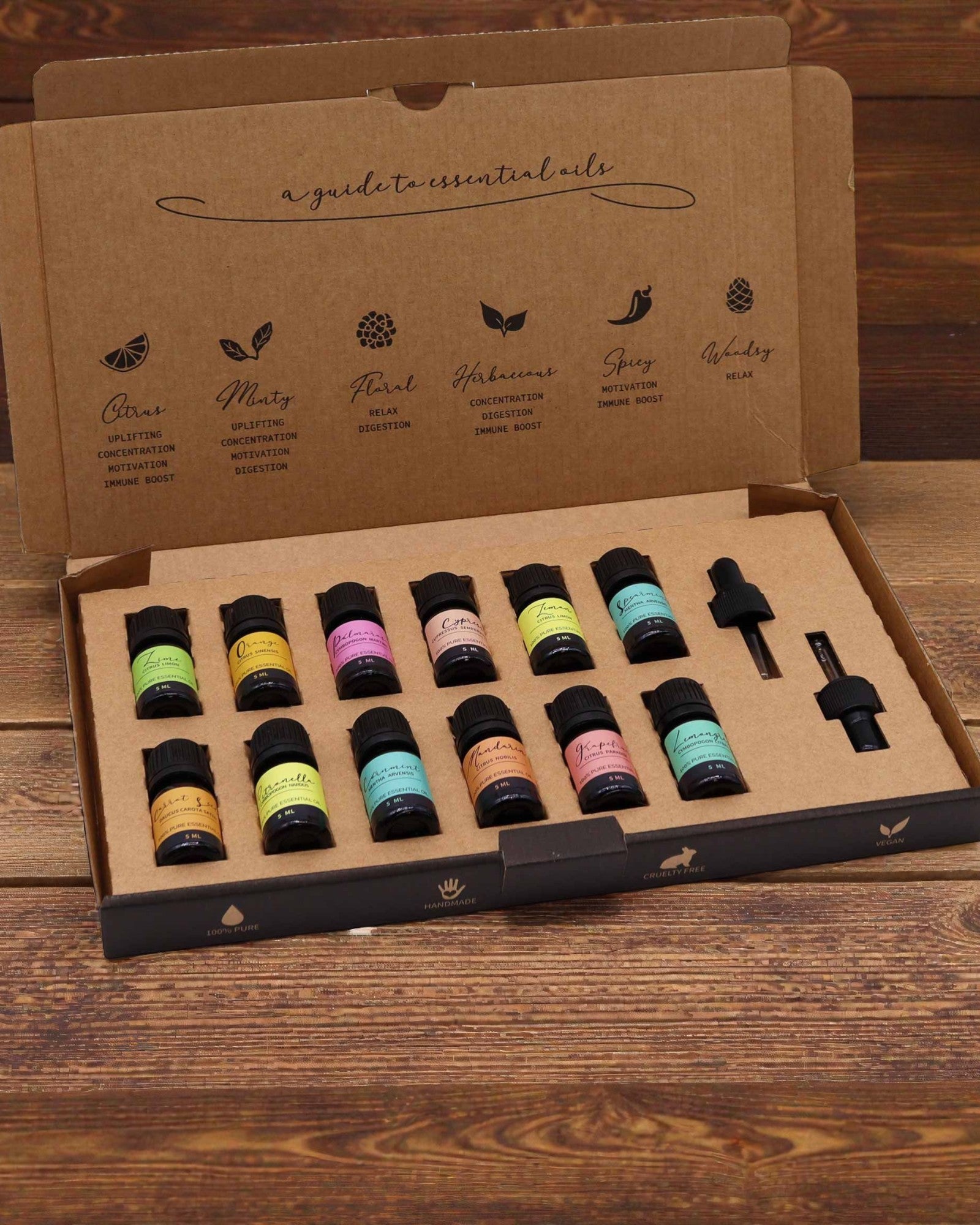 Letnia Energia Natury – Ylellinen 12 eteerisen öljyn 5 ml:n pakkaus tiputuspipeteillä