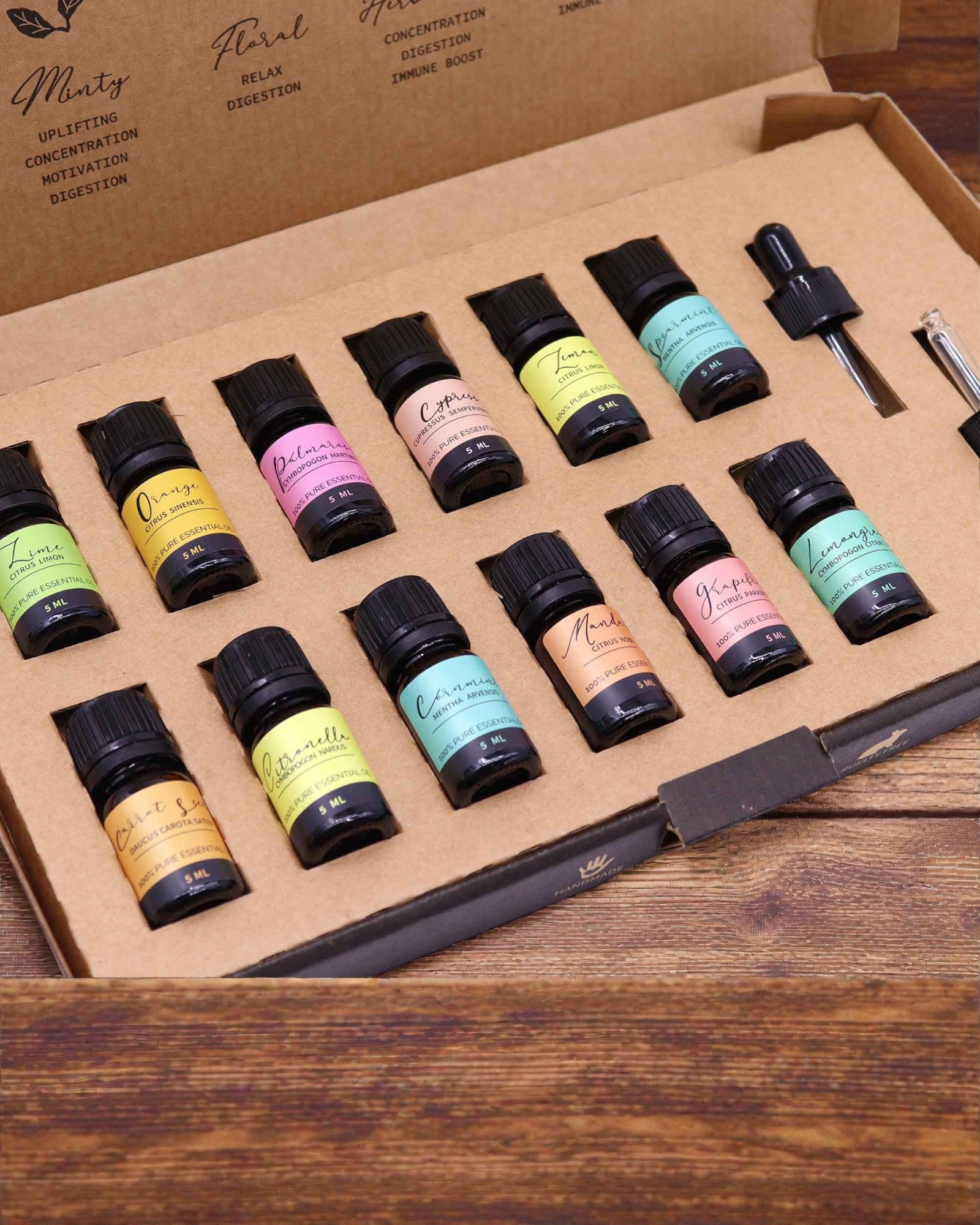 Letnia Energia Natury – Ylellinen 12 eteerisen öljyn 5 ml:n pakkaus tiputuspipeteillä