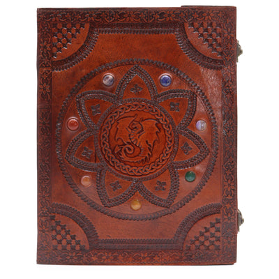 Lohikäärmeen mandalakirja chakrakivillä - Käsintehty, luonnonnahkaa, 100 sileää sivua, 25x34 cm