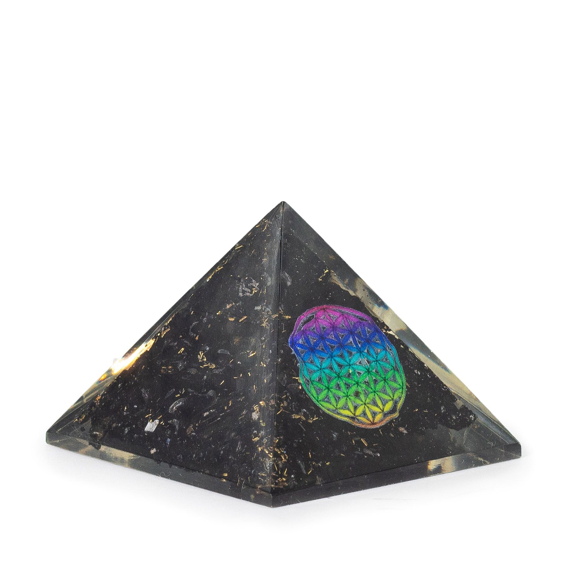 Orgone-pyramidi mustasta turmaliinista 5,5x4,5 cm elämän kukalla