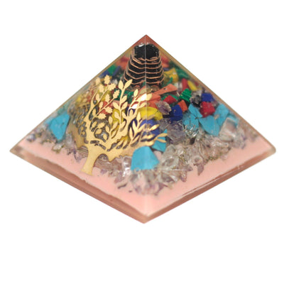 Orgoniittipyramidi 70 mm - puu jalokivistä, kuparista ja metallisista lisäosista