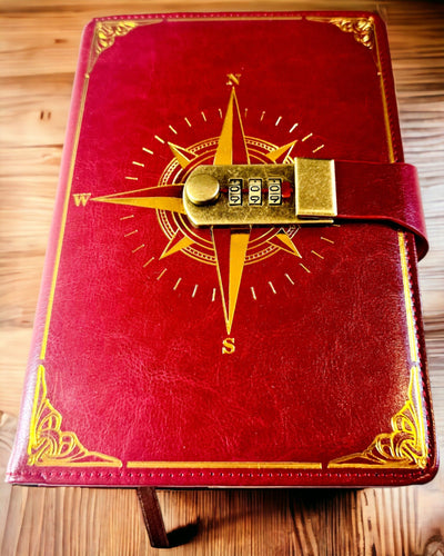 Premium-muistikirja salalukolla A5 - Vintage-tyyli kompassilla, japanilainen design, paperitavarat opiskelijoille ja liiketoimintaan. Personointi kaiverruksella