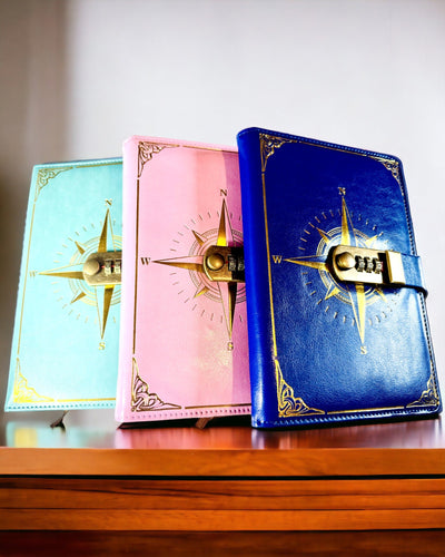 Premium-muistikirja salalukolla A5 - Vintage-tyyli kompassilla, japanilainen design, paperitavarat opiskelijoille ja liiketoimintaan. Personointi kaiverruksella