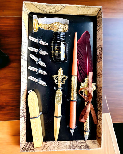 Eksklusiivinen kalligrafiasetti, kastettava mustekynä ja mustesetti, personointi kaiverruksella