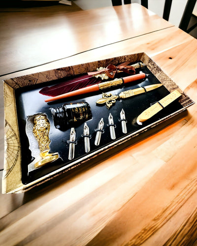 Eksklusiivinen kalligrafiasetti, kastettava mustekynä ja mustesetti, personointi kaiverruksella