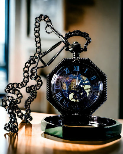 Klassinen Musta Steampunk Kahdeksankulmainen Mekaaninen Taskukello, Kaiverrus