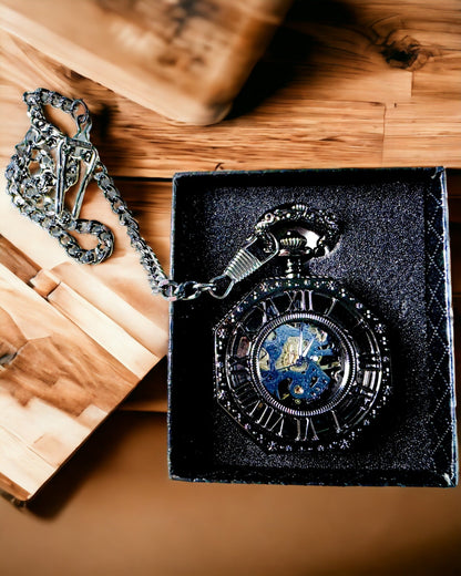 Klassinen Musta Steampunk Kahdeksankulmainen Mekaaninen Taskukello, Kaiverrus