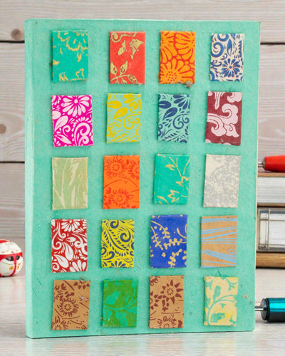 Taiteellinen Lokta-mosaiikkimuistikirja – sinivihreät minilaatat (45 arkkia, 21 x 15 cm)